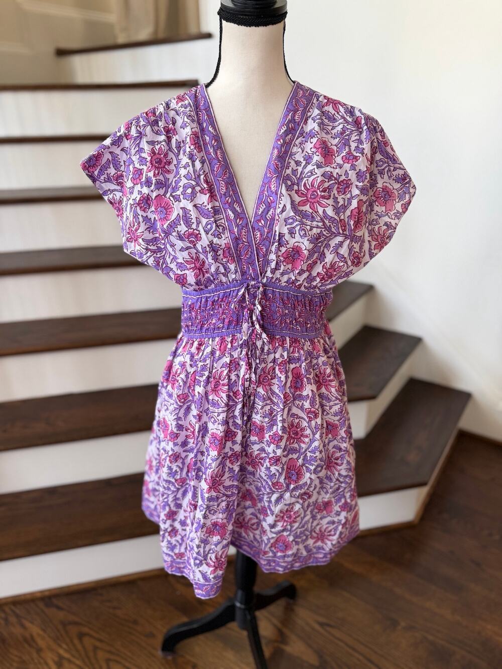 Bindu Purple & Pink Indian Block Print Floral Bow Knee Length Short Sleeve Dress